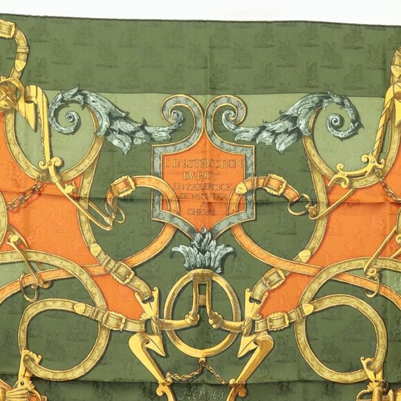 HERMES Carre 90 Scarf ""L'INSTRUCTION DU ROY"" Silk Green Auth - Picture 13 of 15